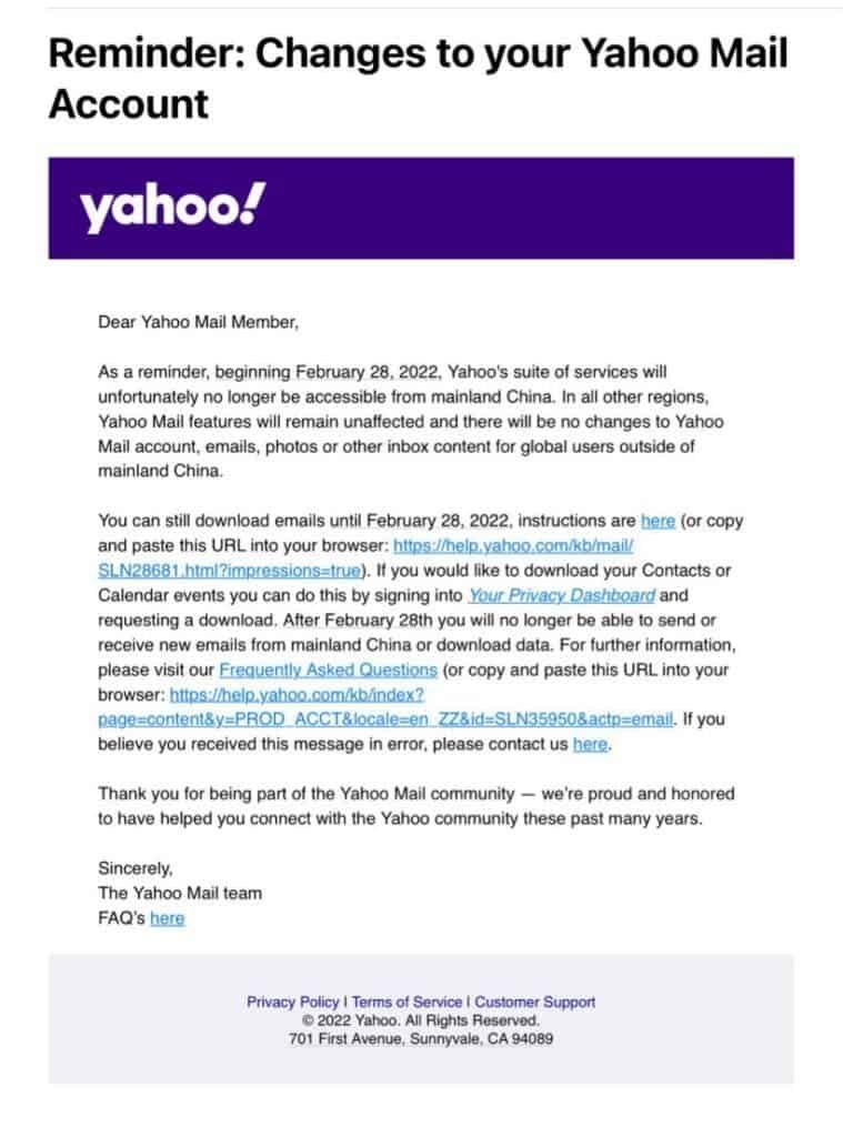 Yahoo Mail will officially stop service in mainland China on February 28