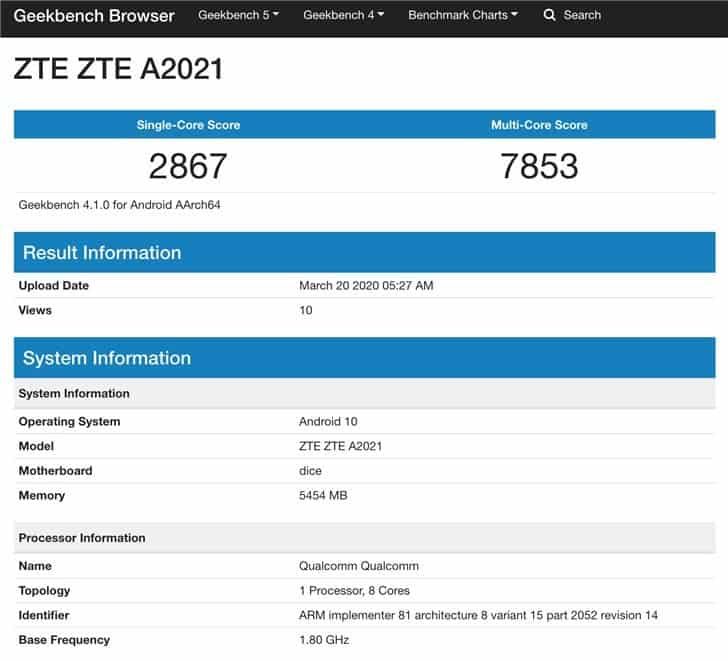 ZTE A2021 appears on Geekbench - Axon 11 5G?
