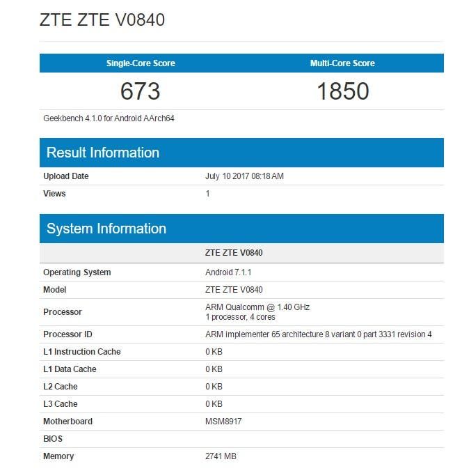 ZTE V0840 hits Geekbench with mid-range specs