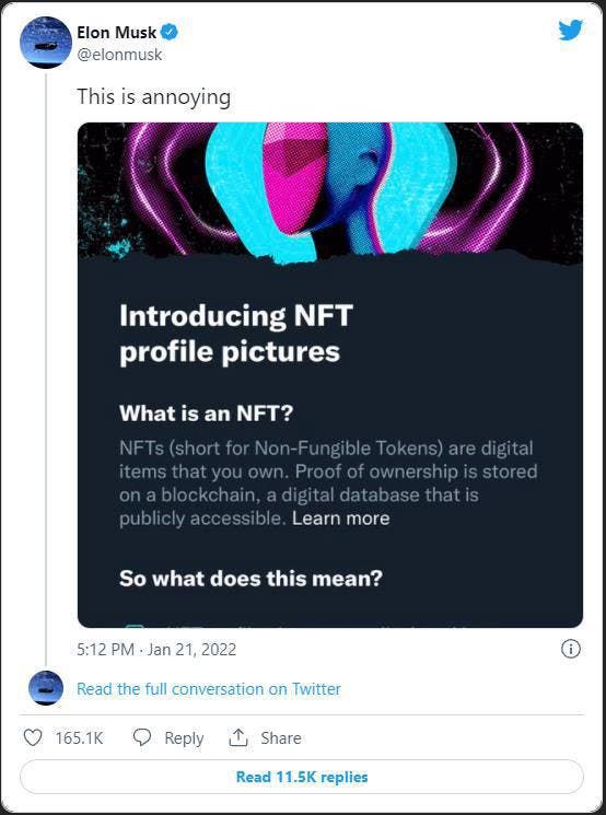 Elon Musk criticizes Twitter's NFT avatar feature as "annoying"