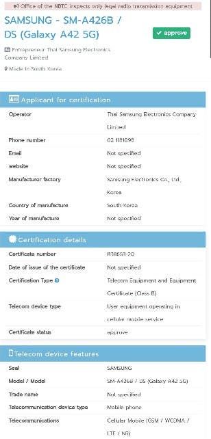 Samsung Galaxy A42 5G passes by NBTC certification
