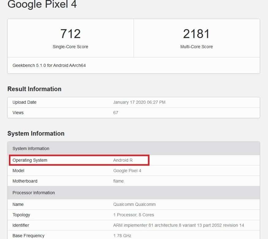 Google Pixel 4 Spotted Running Android R (Android 11) on GeekBench
