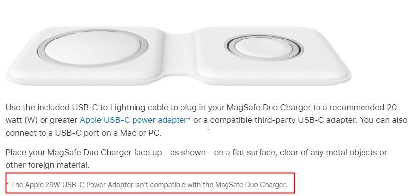 Apple 29W USB-C power adapter is not compatible with the MagSafe Duo charger