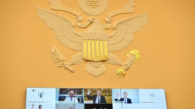 Image: On July 29, 2020, at the hearing of the U.S. House of Representatives Judiciary Subcommittee, CEOs of four major technology companies including Facebook, Amazon, Alphabet, and Apple testify under oath