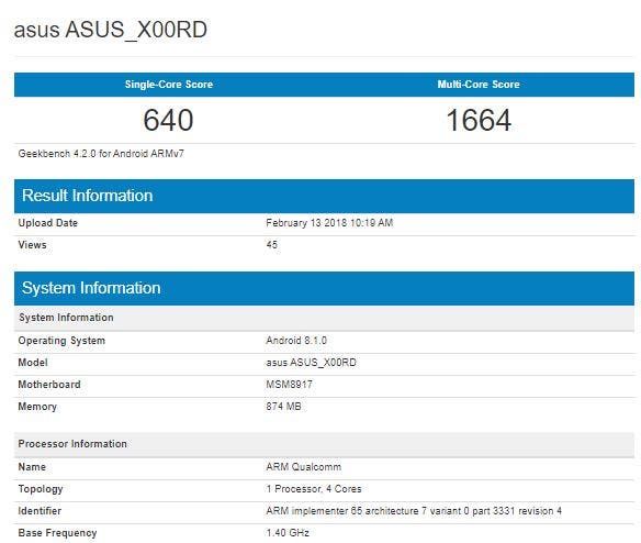 ASUS X00RD with entry level specs, Android Oreo (Go Edition) Benchmarked