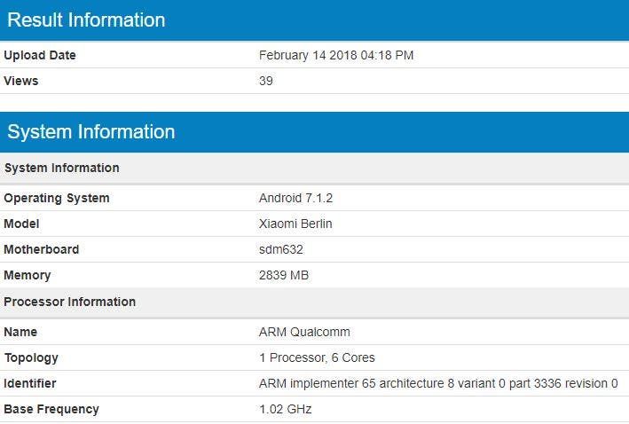 Xiaomi 'Berlin' with Snapdragon 632 spotted on Geekbench