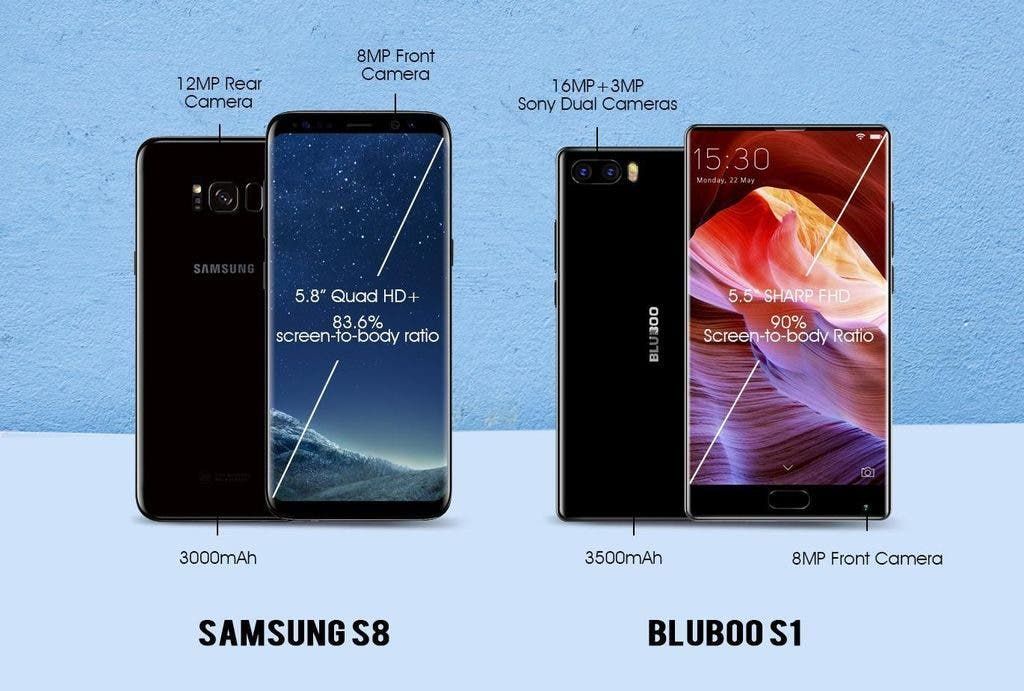Bezel-less Bluboo S1 compared against Samsung S8