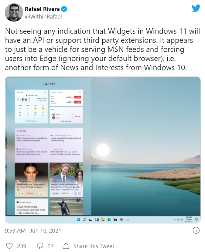 Microsoft Win11 will support third-party widgets