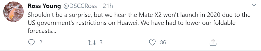 Huawei Mate X2 foldable phone may not launch this year due to the U.S. ban