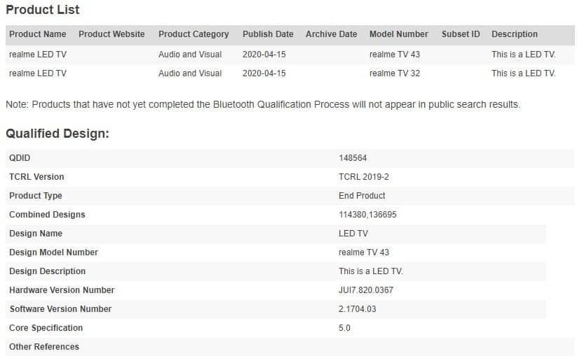 Realme TV Appears on Bluetooth SIG Listing, Reveals Screen Sizes and More