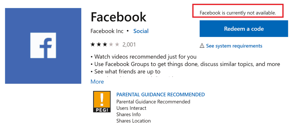 The official Facebook app is now removed from Windows 10 Store
