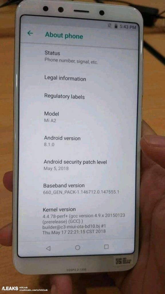 Leaked: Xiaomi Mi A2 About Phone Page