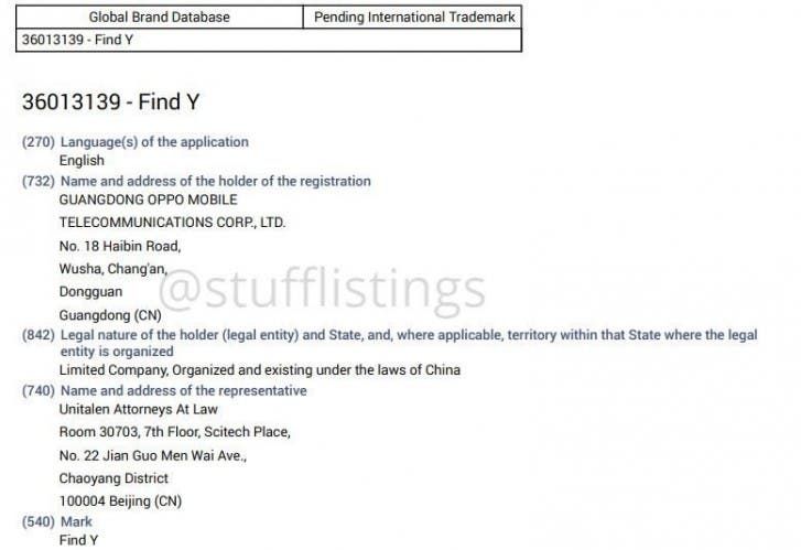OPPO Find Y spotted in a trademark listing