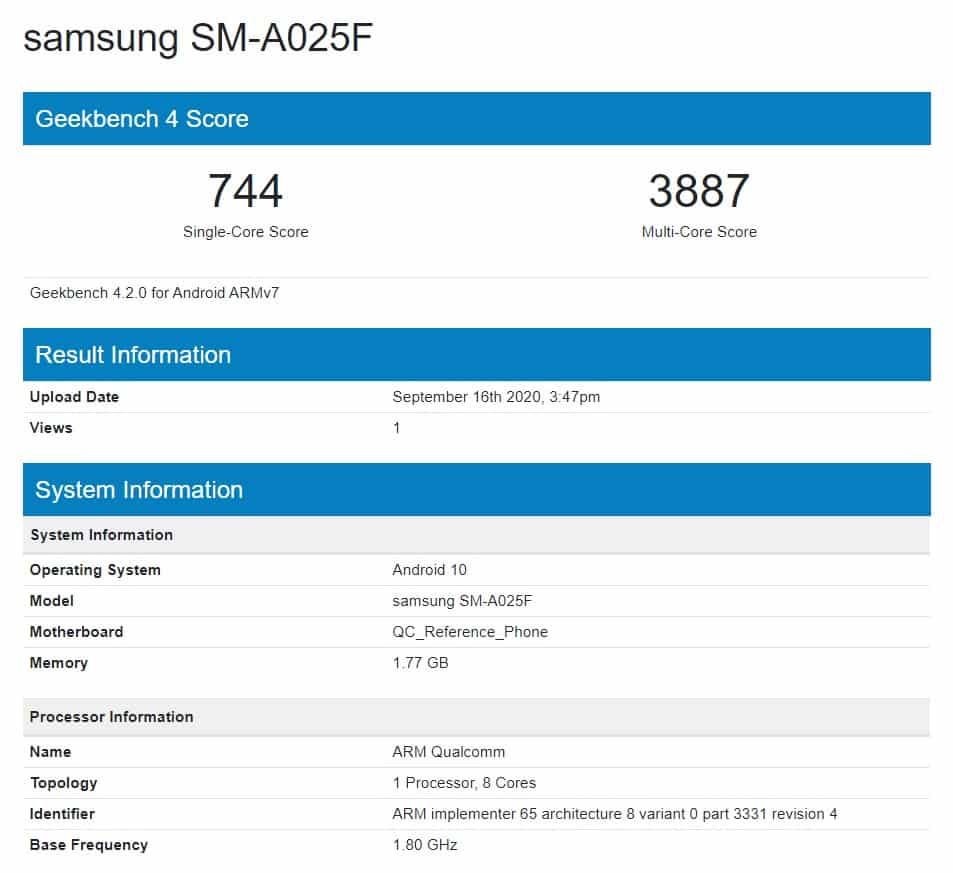 Samsung Galaxy A02 passes by GeekBench with 2GB of RAM and Android 10