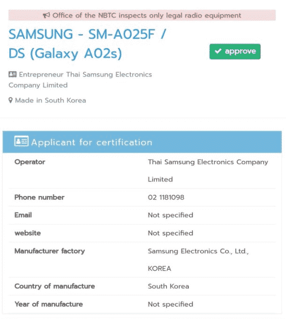 Samsung Galaxy A02s bags NBTC certification, launch seems imminent