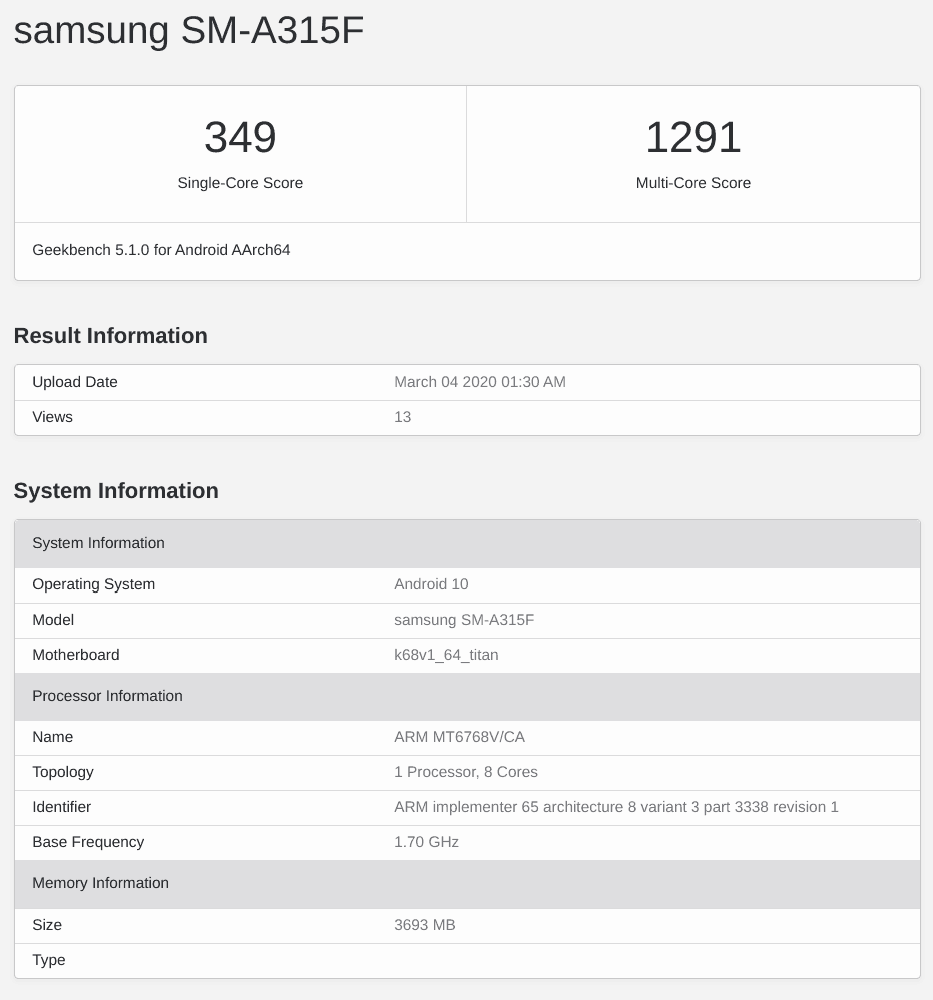 Samsung Galaxy A31 with MediaTek SoC visits Geekbench