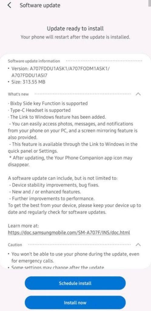 Galaxy A70s first update brings Link to Windows and Type-C headset support