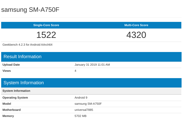 Galaxy A7 (2018) spotted on Geekbench with Android Pie