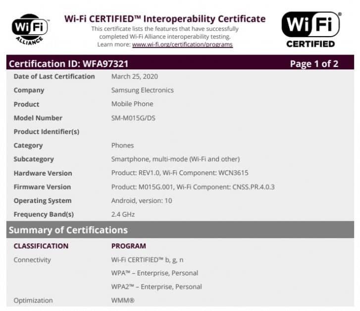 Samsung Galaxy M01 receives Wi-Fi Alliance approval