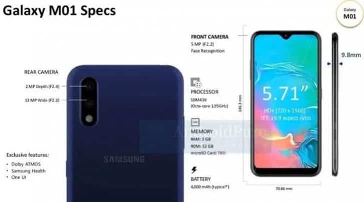 Samsung Galaxy M01 schematics leak revealing specs and design
