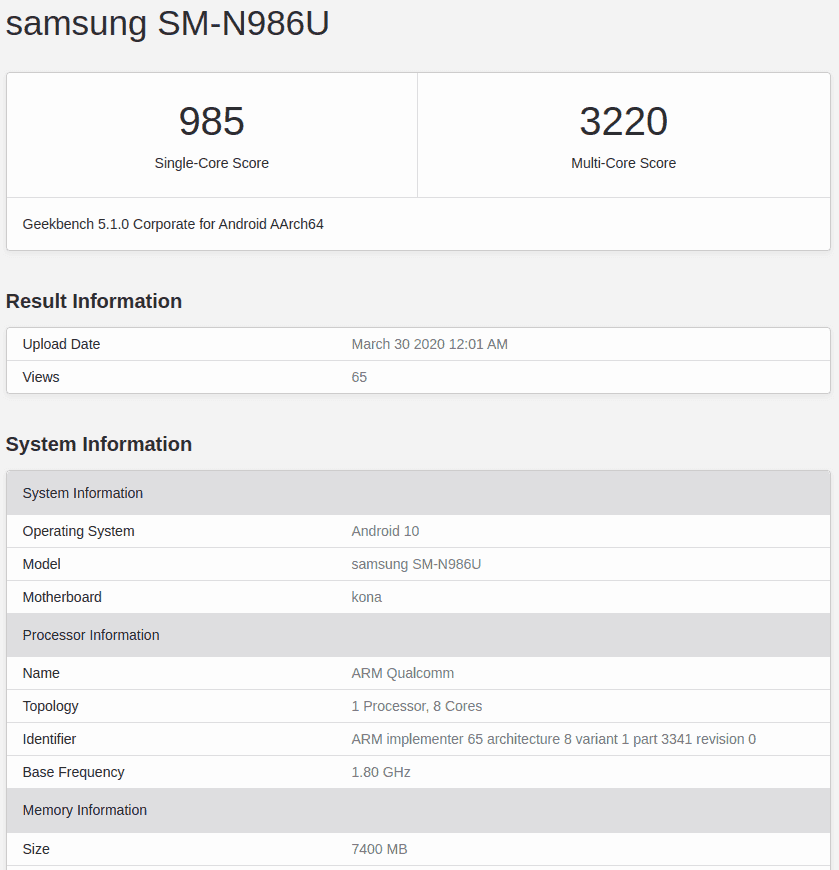 Samsung Galaxy Note 20 pass through Geekbench showing its specs