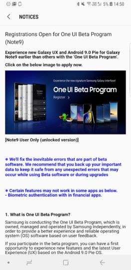 Galaxy Note 9 One UI (Pie) beta has been released