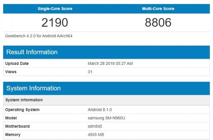 Samsung Galaxy Note 9 with Android 8.1 shows up on Geekbench
