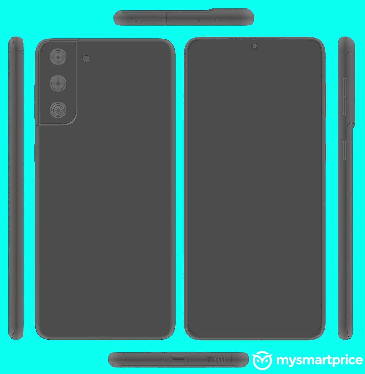 Samsung Galaxy S21+ with flat-screen poses in renders