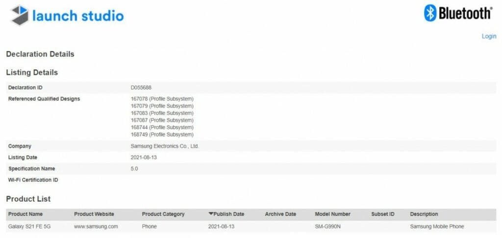 Samsung Galaxy S21 FE 5G bags Bluetooth SIG certification
