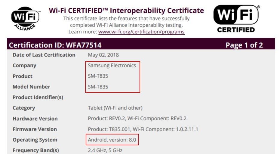 Galaxy Tab S4 with model number SM-T835 visits Wi-Fi Alliance