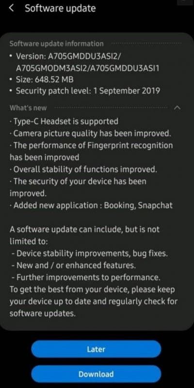 Samsung Galaxy A70 gets Type-C headphone support via an update