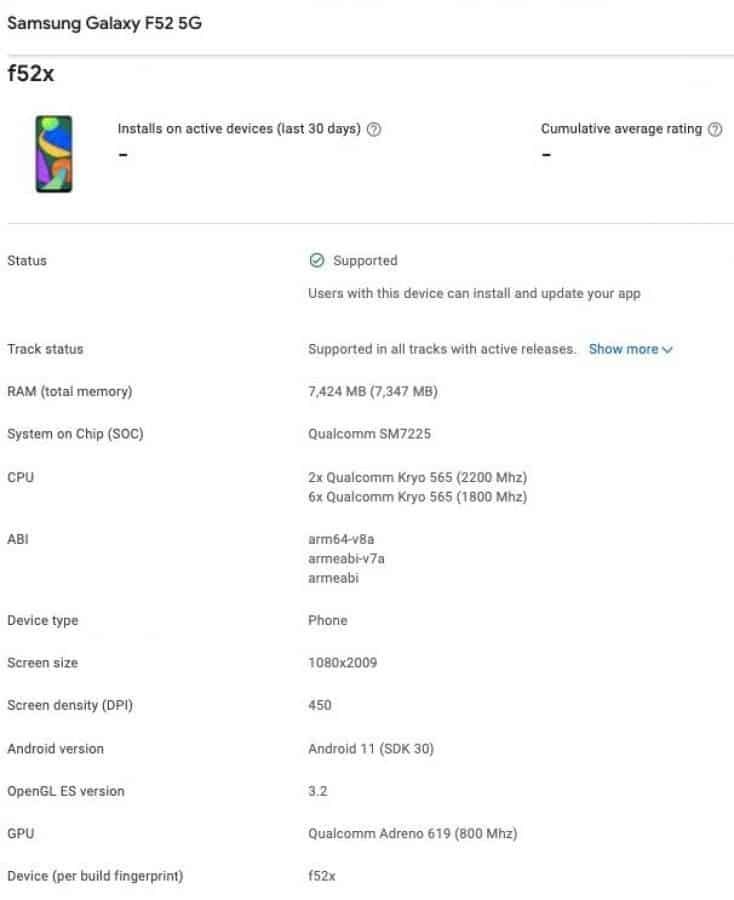Samsung Galaxy F52 5G spotted at the Google Play Console listing