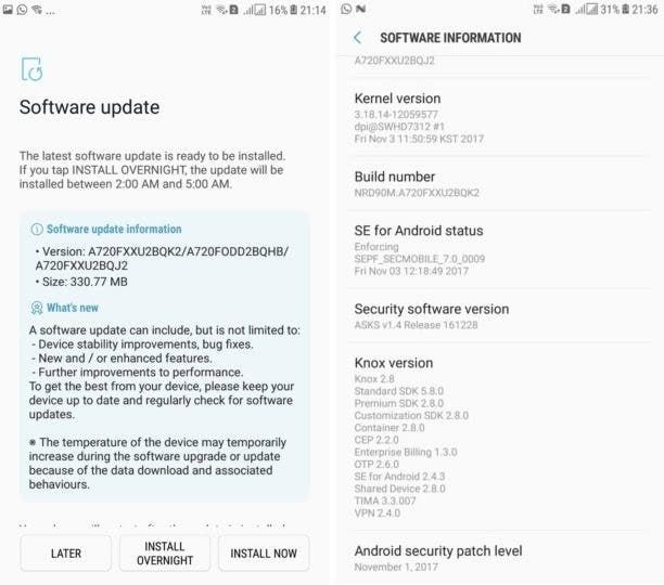 Indian Galaxy A7 (2017) receiving November security patch with KRACK fix
