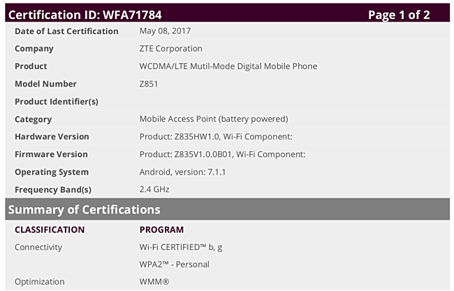 ZTE Z851 spotted, gets WiFi certified