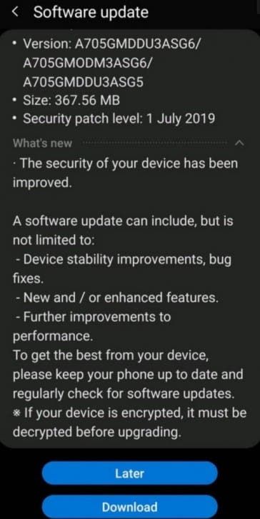 Samsung Galaxy A70 gets Night Mode and July Security Patch via OTA update
