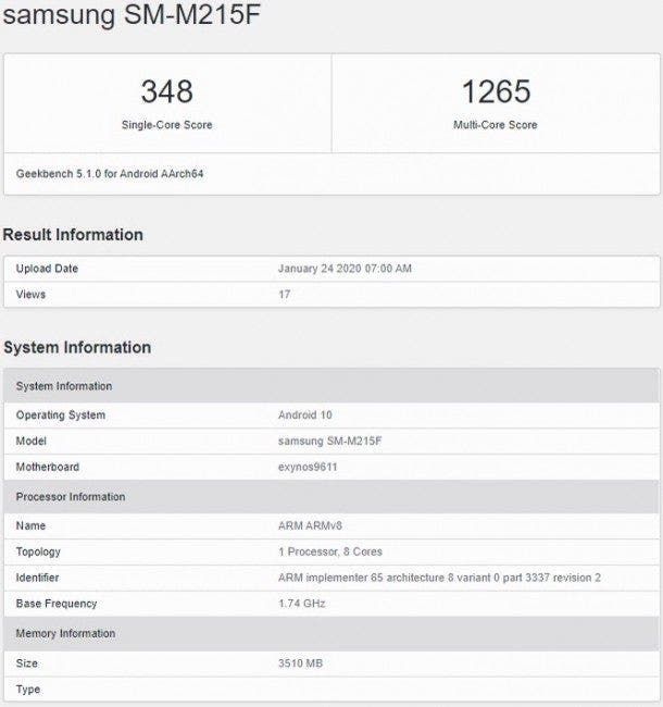 Samsung Galaxy M21 with Exynos 9611 Spotted on GeekBench
