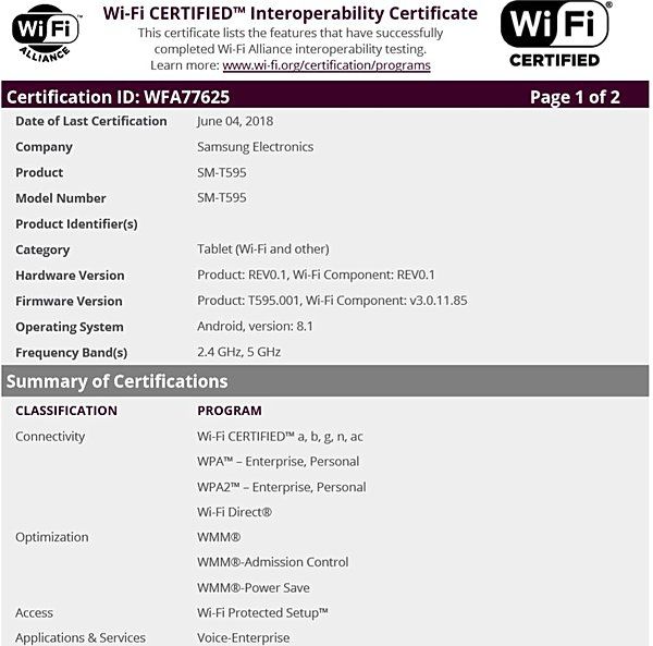 Samsung Galaxy Tab A (2018) Gets WiFi certification