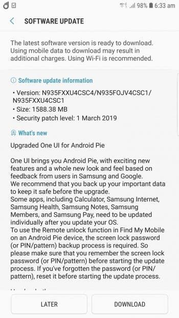 Samsung brings Galaxy Note FE (Former Note 7) to Android 9 Pie