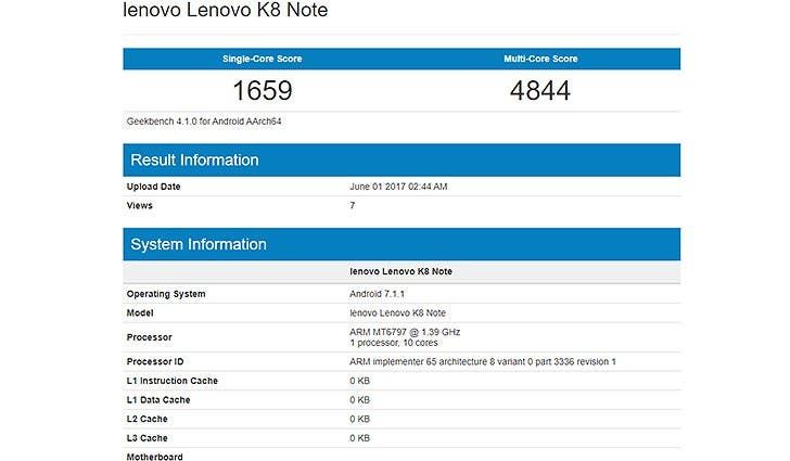 Lenovo K8 Note hits Geekbench with 4GB RAM