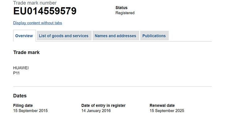 Huawei trademarks the Huawei P11 name