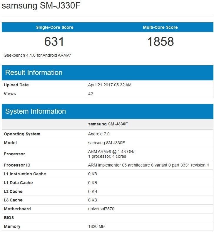 Samsung Galaxy J3 2017 appears on Geekbench equipped with Exynos 7570 SoC