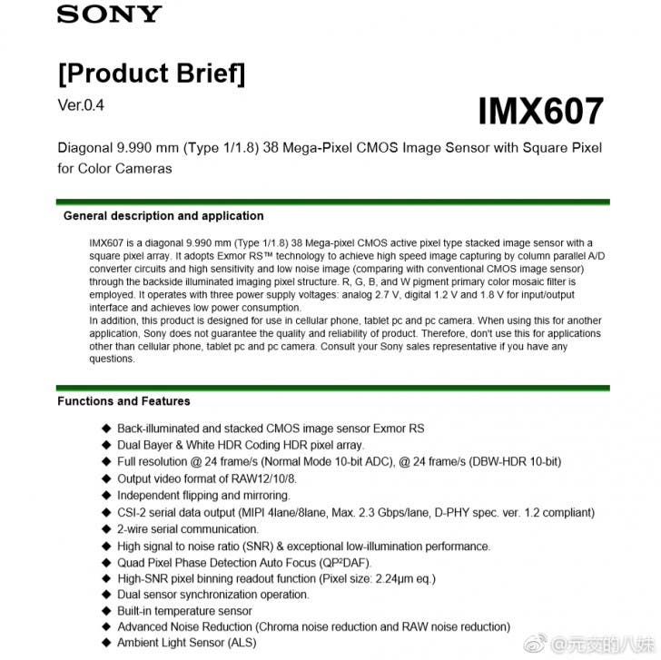 Specs of Sony's 38MP IMX607 leaks, might debut in the Huawei P30 Pro