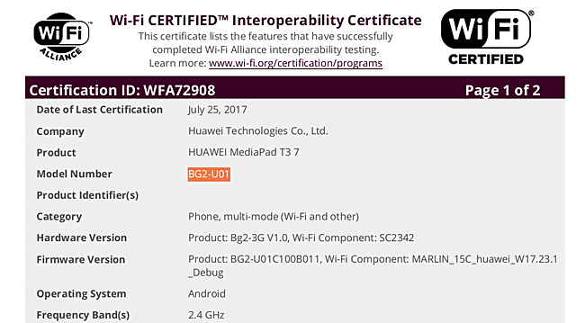 MediaPad T3 7 3G tablet gets TENAA certification