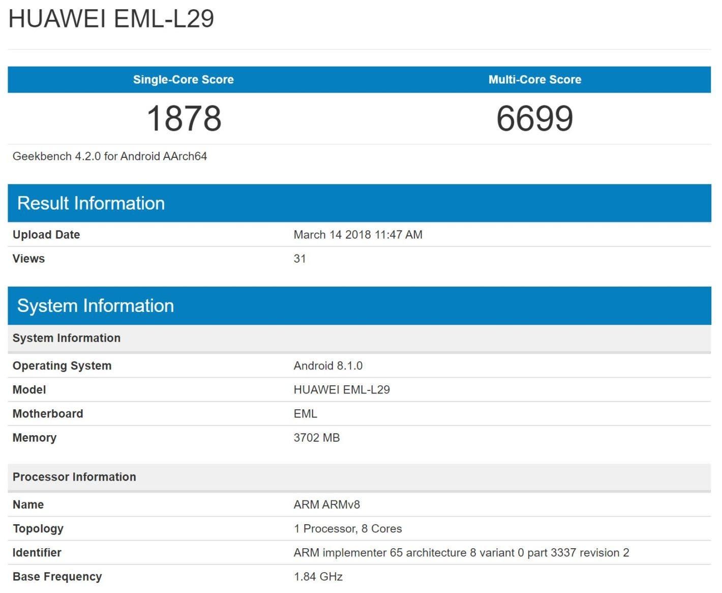 Alleged Huawei P20 (EML-L29) flexes its muscle on Geekbench
