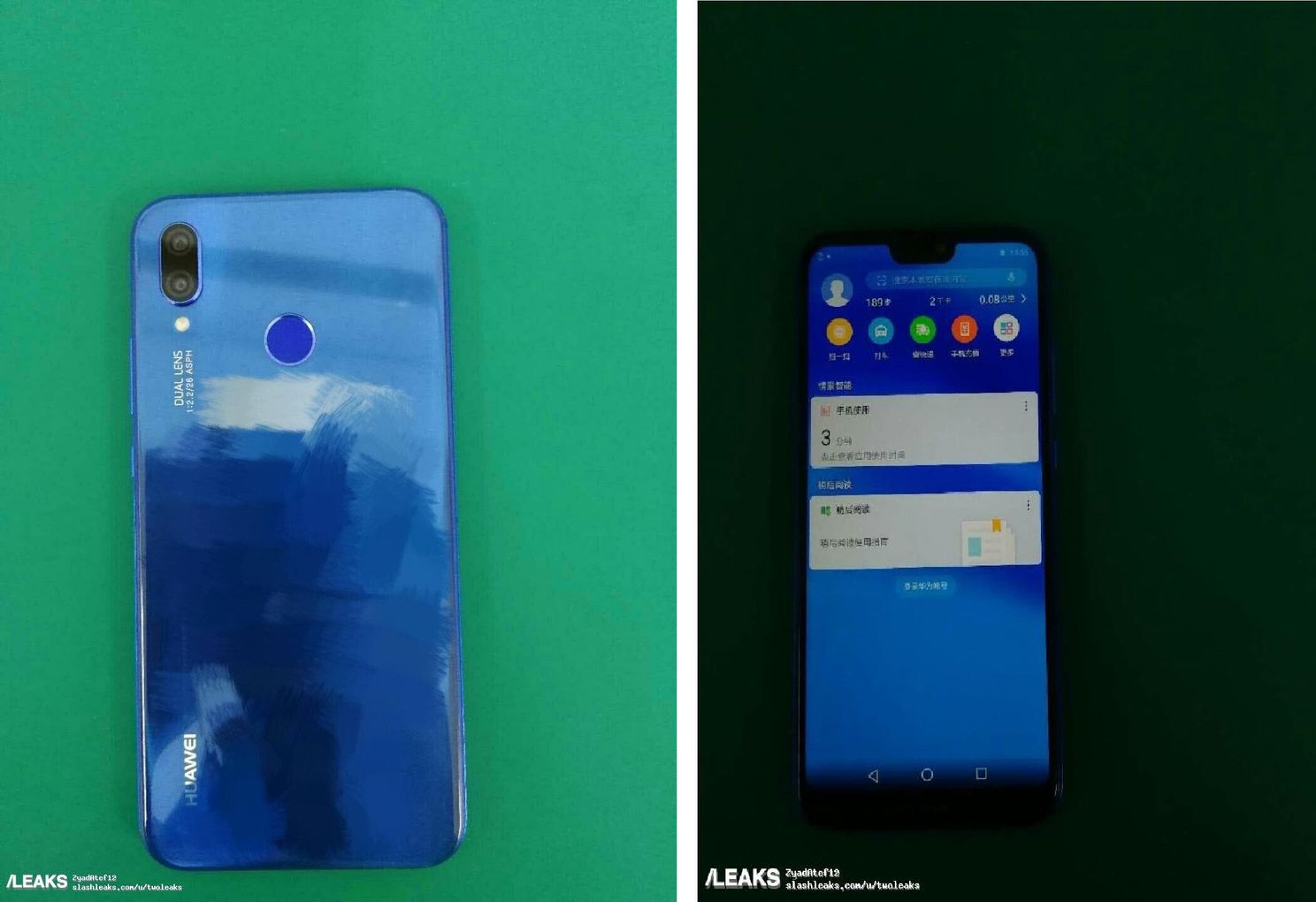 Huawei P20 Lite Blue variant shows its front and rear to a camera