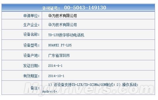 Huawei P7 shows up at Tenaa for network license