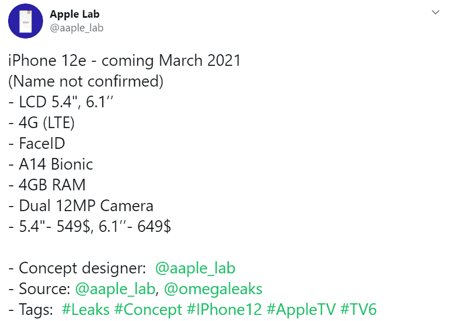 iPhone 12 4G to arrive in March 2021 with a $549 starting price