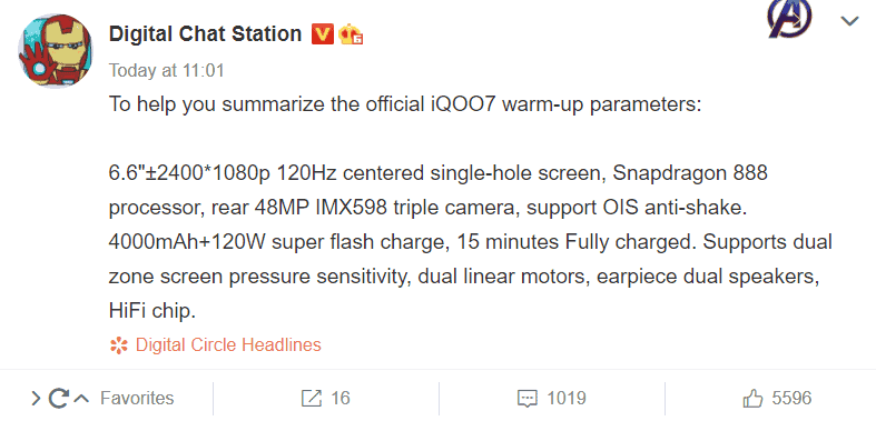 iQOO 7 major specification summary - battery, screen, and more