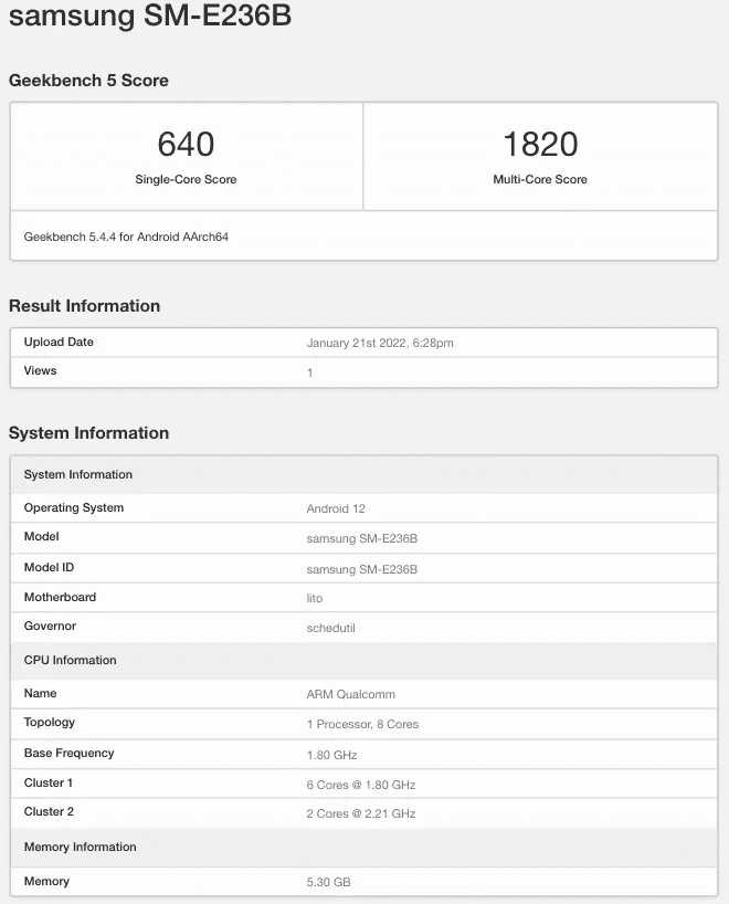 Samsung Galaxy F23 5G listed by Geekbench with Snapdragon 750G