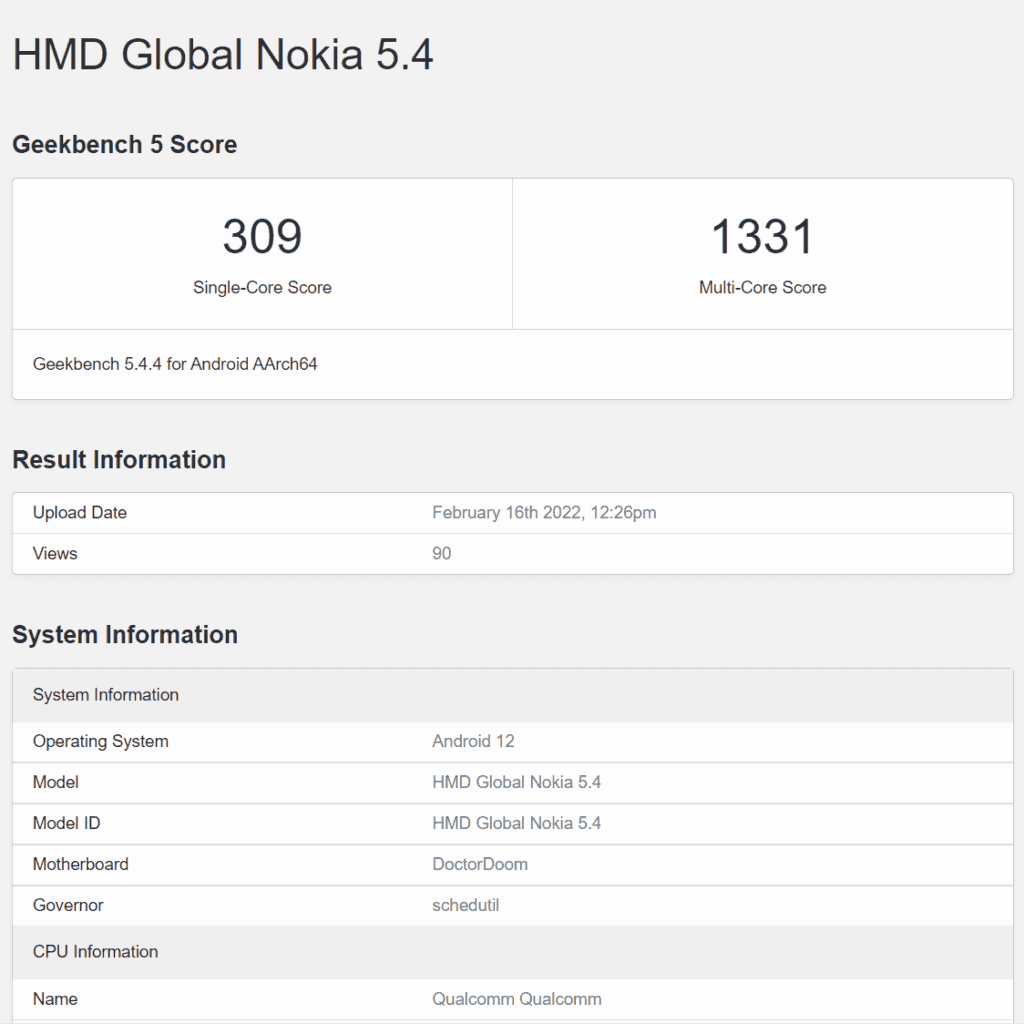 Nokia 5.4 passes by Geekbench with Android 12